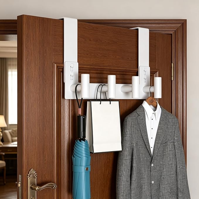 PMMASTO Over The Door Hooks, Fits 1-3/4" Thick Door No Drill Hooks for Closet Bathroom Bedroom Organization, Hanger for Coat Towel Robe (White, 4 T-Hooks)