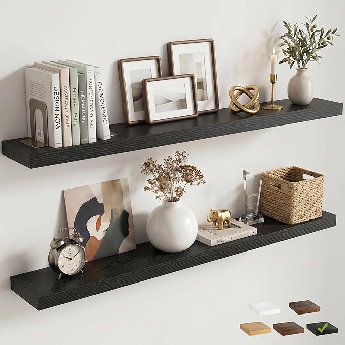 Venusmiles Floating Shelves for Wall, 48 Inch Floating Shelves Set of 2, 6.5" D Wooden Wall Mounted Display Shelves with Invisible Brackets for Living Room, Bedroom, Bathroom, Kitchen Decor, Black