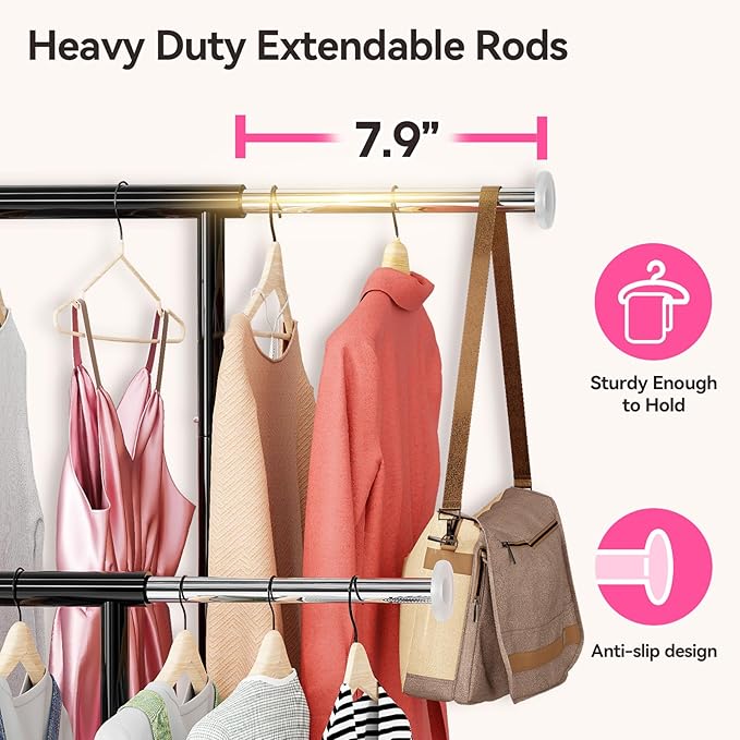 80" Tall Clothing Rack for Hanging Clothes 400 Lbs, Double Rod Rolling Clothes Rack with Lockable Wheels, Portable Garment Coat Rack for Bedroom Laundry Living Room, Black