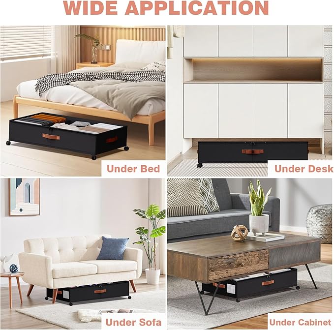 Under Bed Storage 2 Pack 66L for Dorm & Small Apartment - Rolling Containers with Wheels & Clear Lid, Metal Frame, Adjustable Dividers for Clothes/Shoes/Blankets, Easy Roll & See Inside, Black