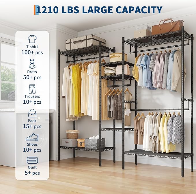 IDEALHOUSE Heavy Duty Clothes Rack for Hanging Clothes, Load 1000LBS Portable Closet Wardrobe with Shelves, Freestanding Adjustable Garment Rack for Bedroom, Walk-in Closet, 86.2"x 17.3"x 76.4", Black