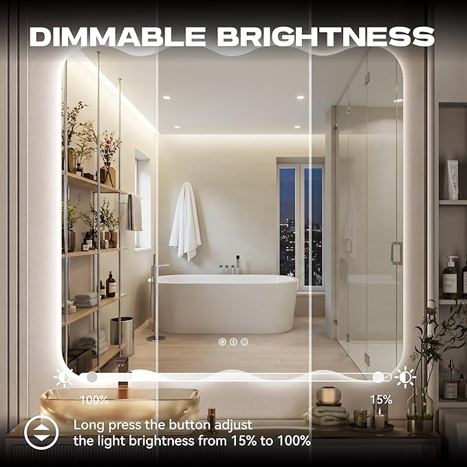 Hasipu Wavy Full Length Mirror with Lights - 36"×36" LED Wavy Floor Mirror, Frameless, Dimmable, Standing or Vertical/Horizontal Wall-Mounted Mirror for Bedroom, Living Room, Cloakroom