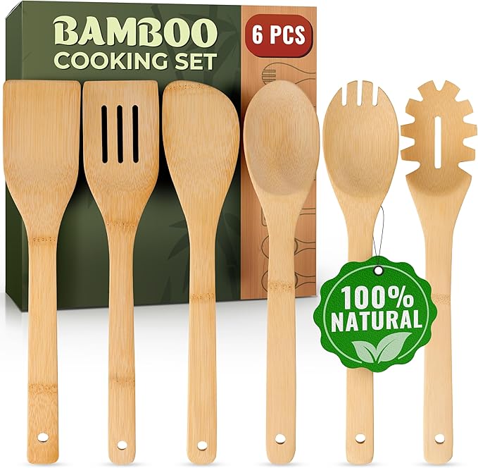 Bamboo Wooden Utensil Set, 6 Pcs - Nonstick Safe & Heat-Resistant Bamboo Utensils for Cooking - Easy to Clean & Sturdy Wooden Spoons for Cooking & Wood Spatula with Smooth Finish & Comfortable Handles