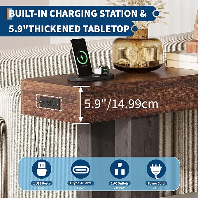 IDEALHOUSE 63" Entryway Table, Wood Console Table with Charging Station, Extra Long Sofa Table, Narrow Hallway Foyer Table for Entryway, Hallway, Living Room, Rustic Brown & Black