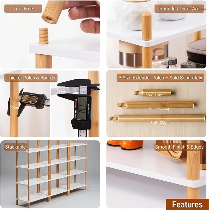 2-Tier Expandable Bamboo Desktop Organizer Shelf Kitchen Cabinet and Counter Riser Display Shelf for Top of Desk Home Office Bathroom Coffee Table Display Stand,Natural (3-Tier White, 6.7" H)