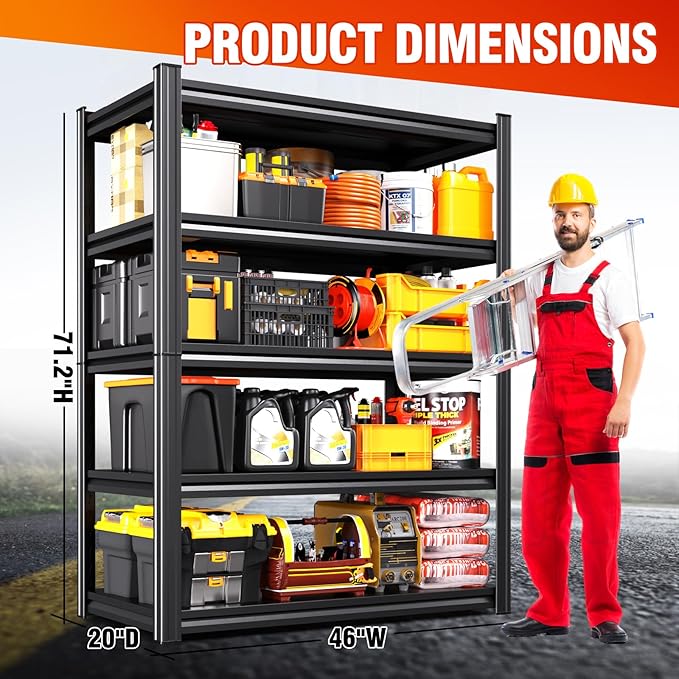 46''W Storage Shelves,Adjustable Shelving Unit,5T Metal Garage Shelving ,Heavy Duty Garage Storage Shelves, Quick-Install Metal Shelving Unit Utility Rack Shelf for Warehouse, Kitchen72H*46W*20''D