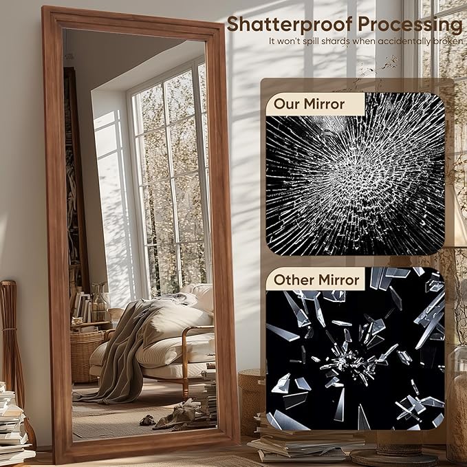 Full Length Mirror, 71"x32" Wooden Mirror Full Length with Stand Wood Floor Mirror, Oversized Stand Up Mirrors Large Wall Mirrors, Wall Mounted Mirrors, Rect Wood Style, Brown