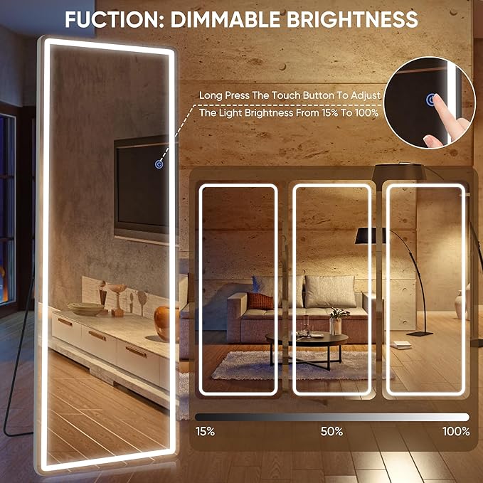 Antok LED Full Length Mirror with Light, 71"x28" Lighted Full Body Mirror with Stand, Dimmable & 3 Color Lighting Standing/Leaning/Wall Mounted Vanity Mirror for Bedroom Cloakroom Livingroom(Rect)