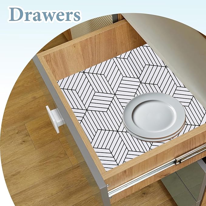 Shelf Liners for Kitchen Cabinets 17in x 30FT, Non Adhesive Cabinet Liner Strong Non-Slip Thickened Black White Geometric Drawer Liner, Easy to Clean for Shelf, Cabinet with Knife and Tape Measure