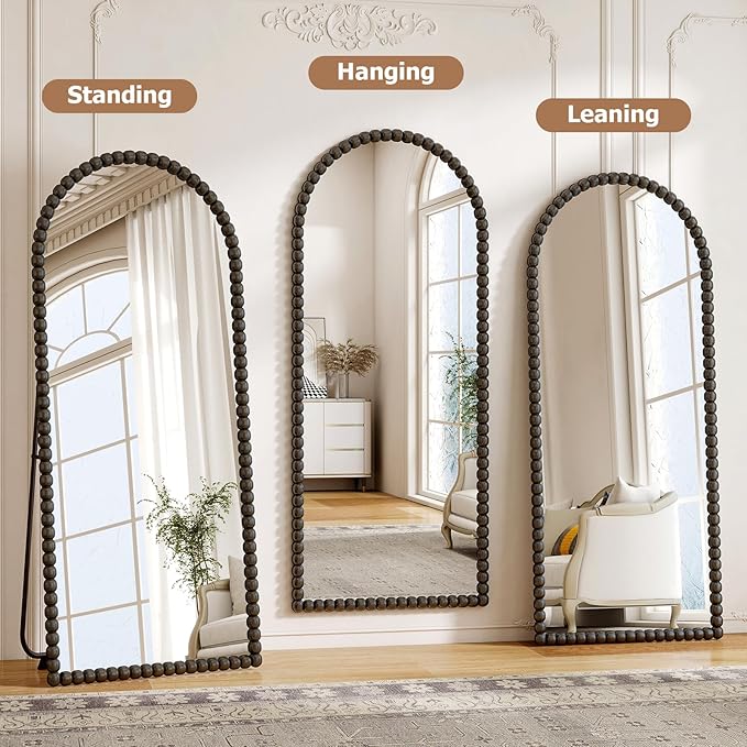 28"x71" Antique Arched Full Length Mirror, Vintage Beaded Decorative Floor Full Body Dressing Mirror as Room Decor Hanging Leaning Standing for Living Room, Bedroom, Vanity Area