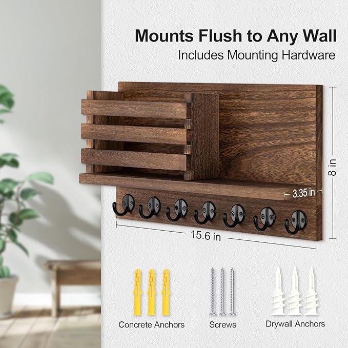 Lwenki Key Holder for Wall – Decorative Wooden Mail Holder and Key Shelf with Mounting Hardware, Installation Guide – Paulownia Wood with Metal Key Hooks (Brown, Extra Large - 15.6inch)