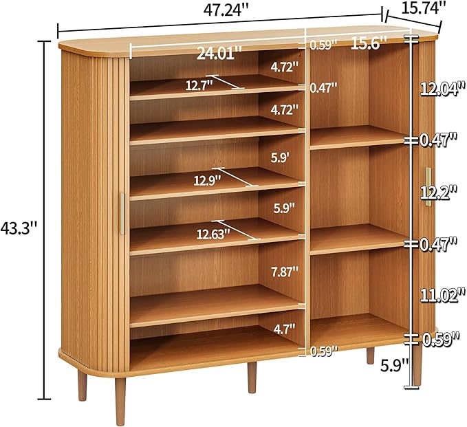 DHH Shoe Storage Cabinet with Sliding Door, 6-Tier Shoe Cabinet with Adjustable Shelves, Mid-Century Modern Freestanding Shoe Storage Organizer for Entryway, Hallway, Living Room (Wood, 47 ")