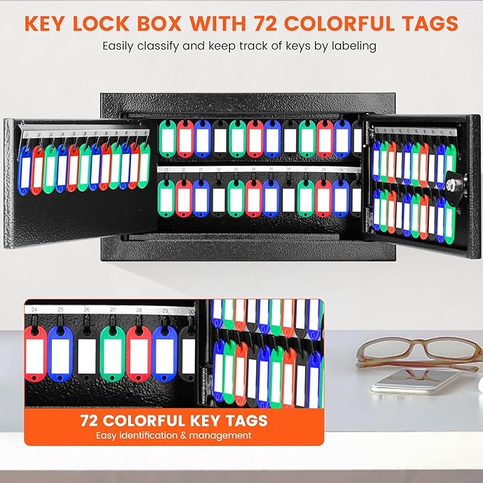 72 Keys Key Lock Box Wall Mount with 72 Numbered Hooks and 72 Colored Key Tags, Key Cabinet with Key Return Drop Slot, Key Storage Box for Home Hotel Office