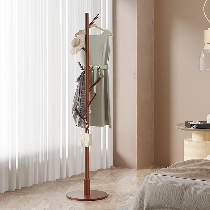 VECELO Coat Rack Freestanding, Entryway Hanger Stand, Umbrella Holder, Hall Tree With Hooks, Floor Standing Metal Tree Stand,Walnut