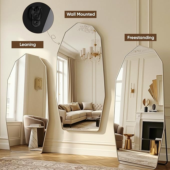 Antok Full Length Mirror, 76"x34" Floor Mirror, Free Standing Wall Mounted or Leaning Full Body Mirror with Aluminum Alloy Frame, Diamond Irregular for Bedroom Entryway Cloakroom, Silver