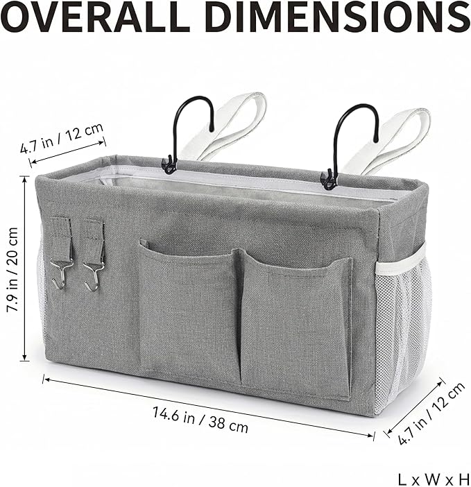 2pc Bedside Caddy Organizer with Hooks, No-Sagging Canvas Hanging Bed Pocket with Water Bottle Holder, Bedside Storage for Dorm Room Essentials, Bunk Bed Accessories, Hospital Bed Rails & Crib (gray)