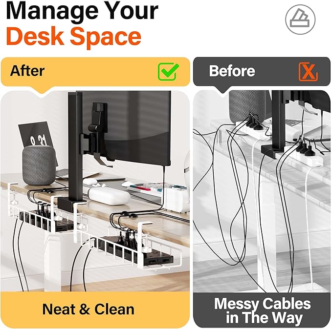2 Pack Under Desk Tray, 31.4" No Drill Wire Management with Upgraded Clamp, Metal Cord Organizers for Desk, PC Cable Rack, White