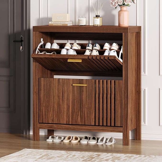 knoworld Shoe Storage Cabinet for Entryway with 2 Flip Drawers, 31.5" Narrow Fluted Shoe Organizer Cabinet, Slim Wooden Shoe Cabinet, Freestanding Hidden Shoe Cabinet for Entrance, Hallway (Walnut)