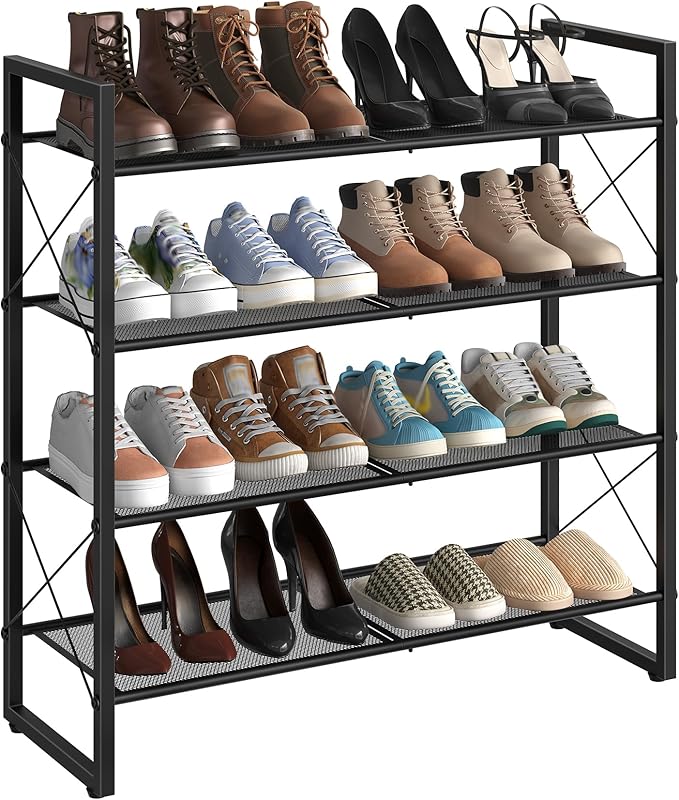 CHOEZON Shoe Rack, 4-Tier Shoe Rack for Closet, Metal Shoe Storage Organizer, Shoe Rack for Entryway, Shoe Shelf with Adjustable Feets, for Entryway, Hallway, Living Room, Bedroom, Black TXJ14BB