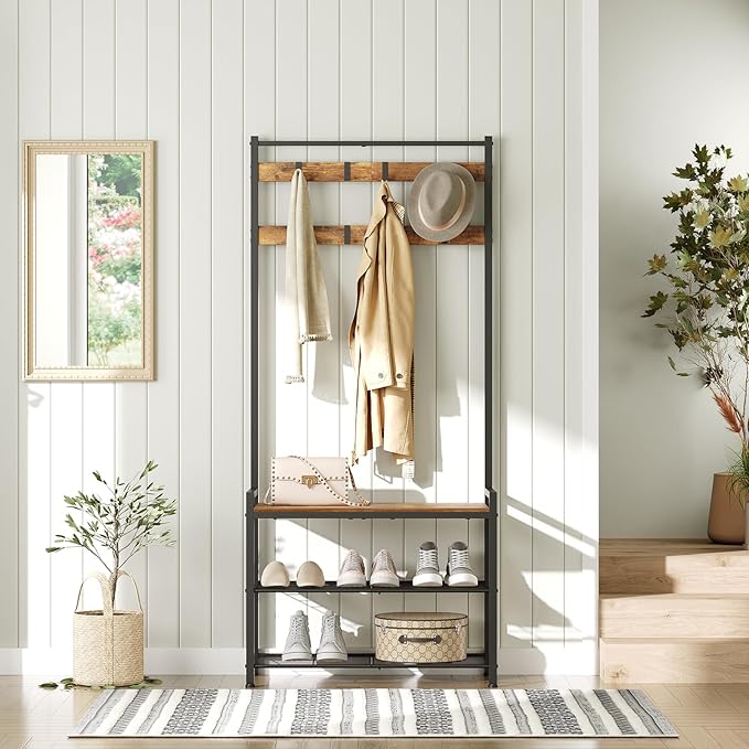 YATINEY Hall Tree, Coat Rack with Shoe Bench, Entryway Bench with Shoe Storage, Multifunctional Entryway Storage Organizer, Metal Frame and 8 Movable Hooks, for Hallway, Rustic Brown MT01BR