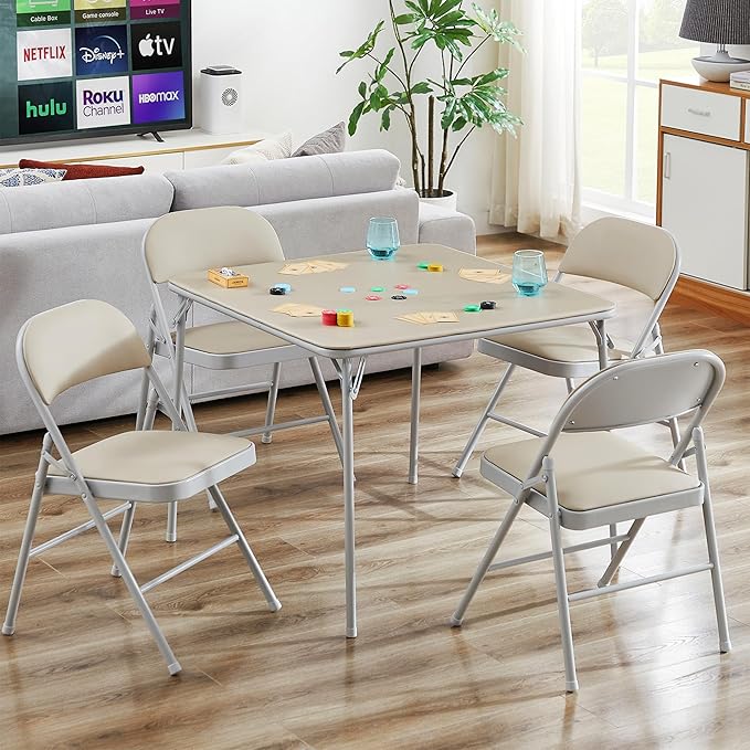 VECELO 34'' Folding Card Table Square with Soft Padded Tabletop, Portable for Dining Room, Parties, Games, Puzzles, Beige