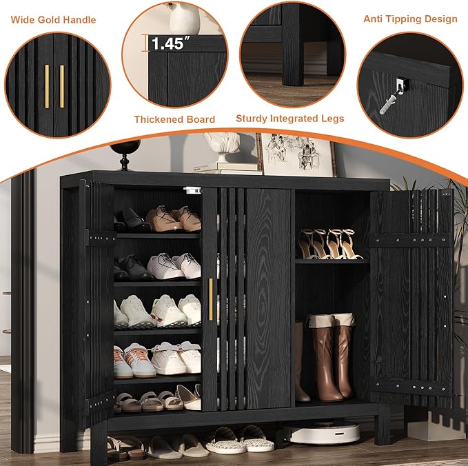 UNIQUITE Wooden Shoes Cabinet with 3 Doors and Adjustable Shelves, Retro Freestanding Shoe Organizer Cabinet for Entryway Hallway Living Room, 5-Tier Shoe Cabinet for 30 Pairs, Black