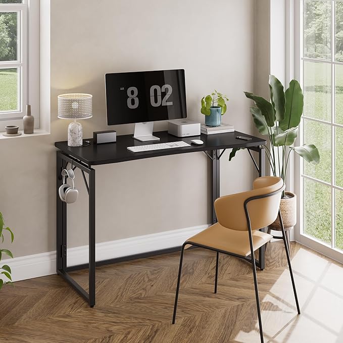 JOYMOOP Black 40" Folding Desk, No Assembly Small Foldable Desk for Home, Office, Wooden Top Folding Computer Desk for Working, Writing, Studying - Middle Size