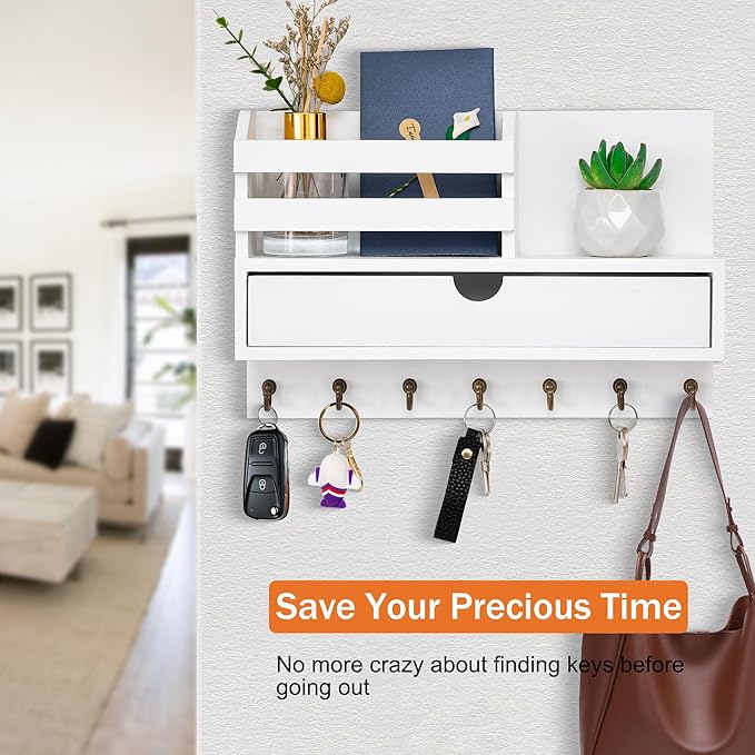 dreampossible Key and Mail Holder for Wall, Mail Organizer Wall Mount with 6 Hooks and Storage Drawer, Wooden Key Rack Hanger with Shelf for Entryway and Home Decor