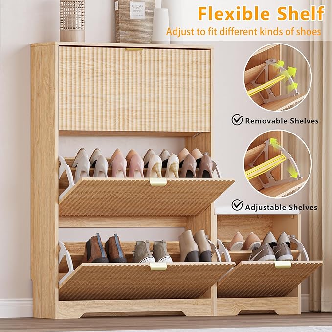 BORNOON Slim Shoe Cabinet with Bench for Entryway, Hidden Storage and Adjustable Shelves, Free Standing Wooden Shoes Organizer for Hallway, Foyer