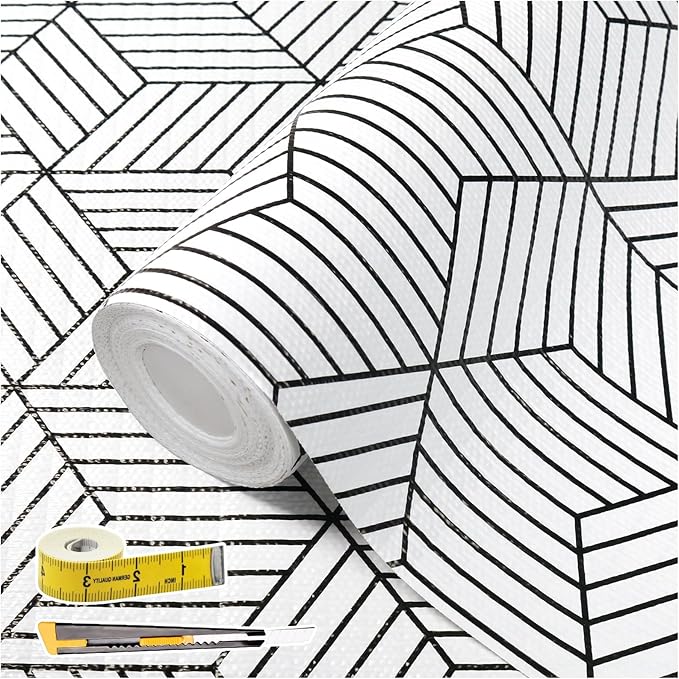 Shelf Liners for Kitchen Cabinets 17in x 20FT, Non Adhesive Cabinet Liner Strong Non-Slip Thickened Black White Geometric Drawer Liner, Easy to Clean for Shelf, Cabinet with Knife and Tape Measure