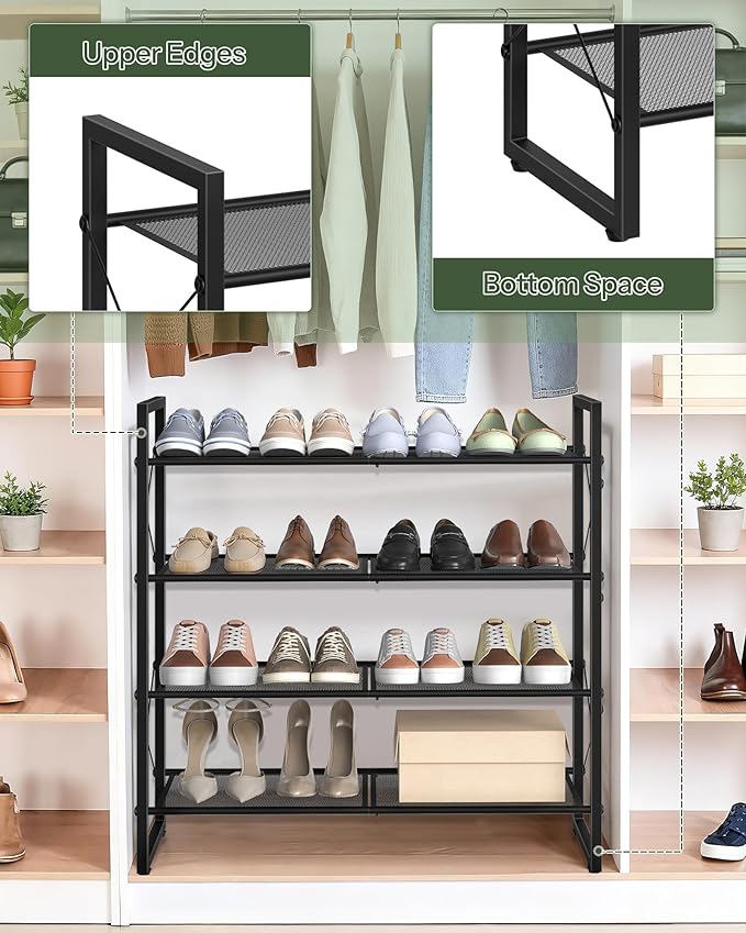 CHOEZON Shoe Rack, 4-Tier Shoe Rack for Closet, Metal Shoe Storage Organizer, Shoe Rack for Entryway, Shoe Shelf with Adjustable Feets, for Entryway, Hallway, Living Room, Bedroom, Black TXJ14BB