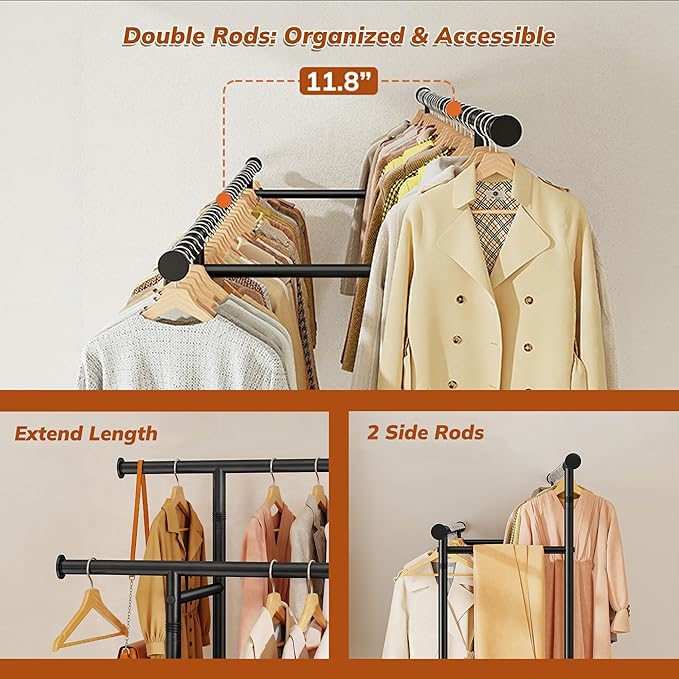 Clothes Rack Clothing Racks for Hanging Clothes, Rolling Clothes Rack Portable Clothing Rack, Double rod clothing rack with Storage Basket, Garment rack for Bedroom, Laundry Room, Black