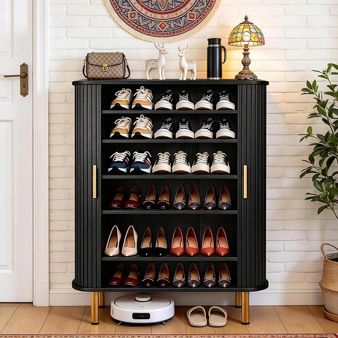 DHH Shoe Storage Cabinet with Sliding Door, 6-Tier Shoe Cabinet with Adjustable Shelves, Mid-Century Modern Freestanding Shoe Storage Organizer for Entryway, Hallway, Living Room (Black, 31.5 ")