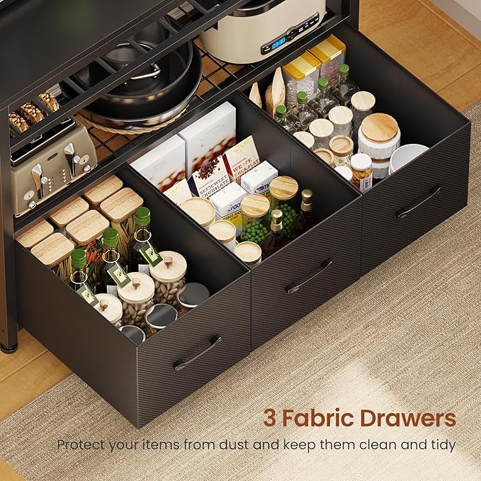 Itaar Bakers Rack with Storage and Power Outlet, 35.4 inch Coffee Bar Cabinet, Microwave Stand Kitchen Cabinet with Hutch, LED Lights, Wine Rack and Hooks (Black)