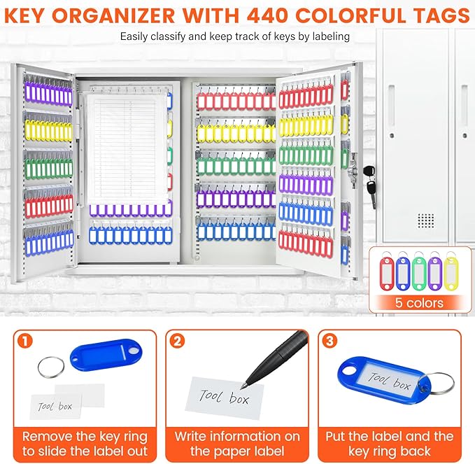 440 Keys Dual-Door Key Lock Box Wall Mount with 20 Adjustable Hook Plates, Numbered Hooks and Tags, Steel Key Cabinet with Index Log, Key Storage Box Key Organizer for Garage Home Office, White