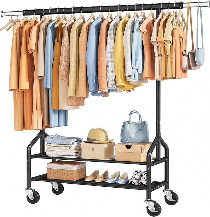 Tajsoon Clothing Rack Load 350 LBS, Metal Clothes Rack with Double Layer Shelves, Adjustable Garment Rack for Hanging Clothes, Heavy Duty Portable Rolling Rack, Black