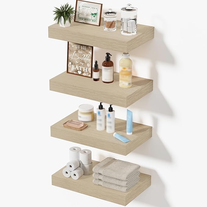 Oak Floating Shelves for Wall, Set of 4 Rustic Wood Shelves Over Toilet for Bathroom, Bedroom, Kitchen & Living Room Decor Display, for Plants, Towels & Books, 12"x7"x1.5"