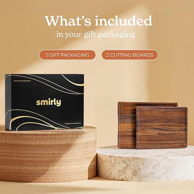 SMIRLY Wood Cutting Boards for Kitchen - Walnut Cutting Board with Handle and Juice Groove for Meal Prep, Serving, Charcuterie - Kitchen Gadgets, House Warming Gifts - Wooden Chopping Board Set of 2