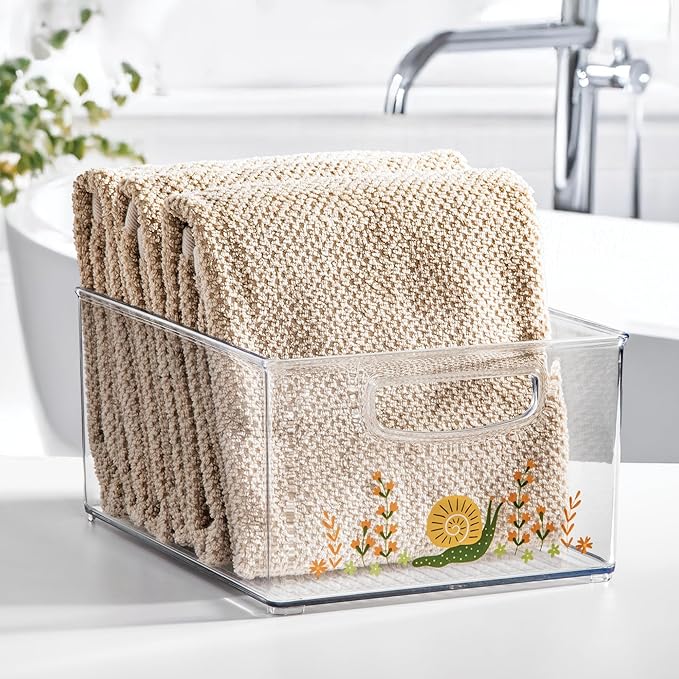 iDesign Bathroom Organizer Bin with Decorative Print - Stackable Plastic Storage Basket for Makeup & Vanity Organization - Clear