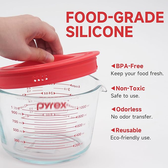 1 Pack Silicone Replacement Lids, Only Fit For Pyrex 4-Cup Tempered Glass Liquid Measuring Cups, Reusable & Food-Grade Silicone, Dishwasher & Microwave Safe (Cups not Included)