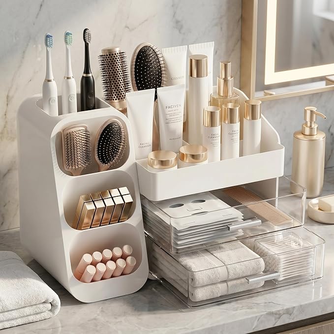 Makeup Organizer for Vanity - Large Skincare Organizers Countertop, Cosmetic Organizer with Brush Holder and 2 Drawer, Makeup Storage for Lipsticks, Nail Polishes, Eyeshadow Palettes, White