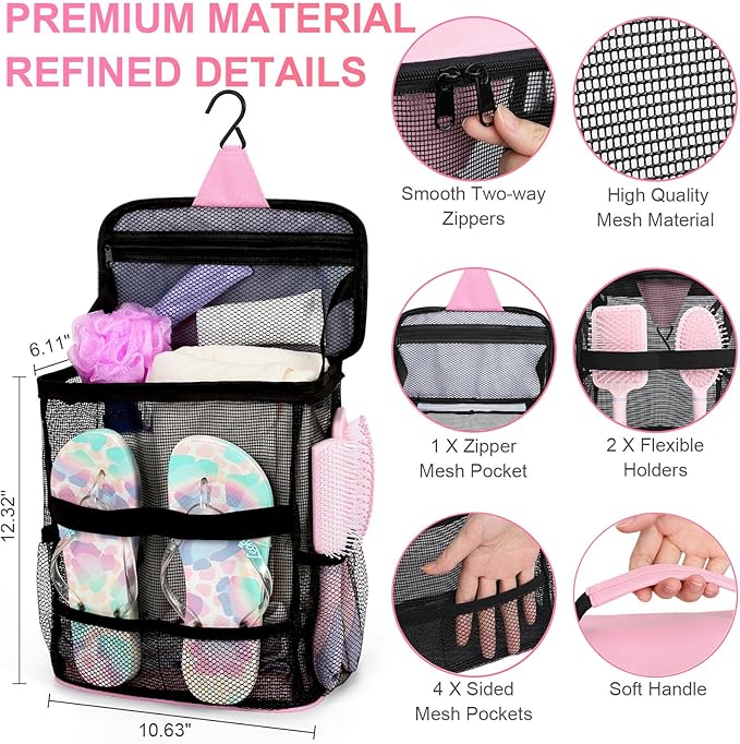 Mesh Shower Caddy,Portable Hanging Travel Toiletry Bag Dorm Room Essentials for College Students Girls,Large Makeup Organizer for Full-Sized Toiletries,Travel Essentials for Women Girls Camping Beach