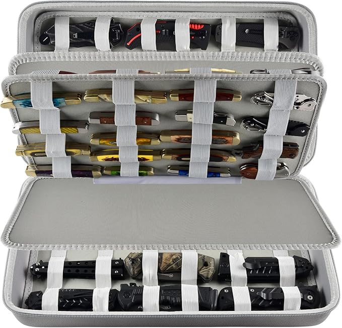 GWCASE Display Case for 66+ Pocket Knives. Folding Holder, Butterfly Storage Organizer, Knives Roll Collection Pouch Carrier Bag for Survival Tactical Outdoor for EDC Mini -Grey
