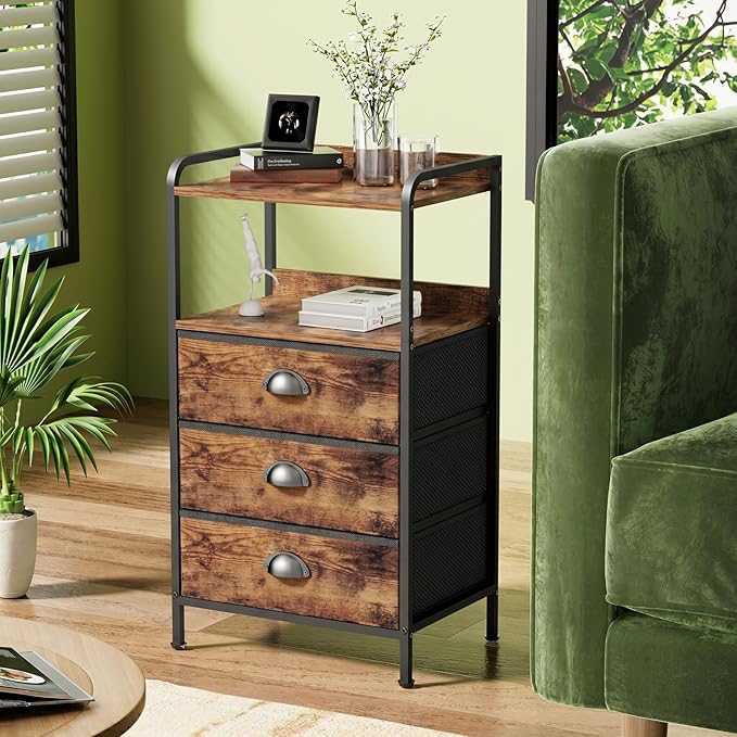 Night Stand with 3 Fabric Drawers, Bedside Table with Wood Top and 2 Tier Shelf, End Table with Storage Drawer Dresser, Small Side Table for Bedroom, Metal Frame, Rustic Brown