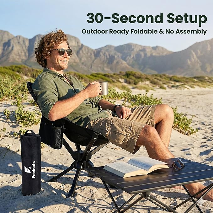 Folding Camping Chairs Lightweight & Portable, No Assembly, 360° Swivel Camping Chair for Adults, Compact Outdoor Chairs for Beach, Lawn, Travel, Backpacking, Hiking, Fishing