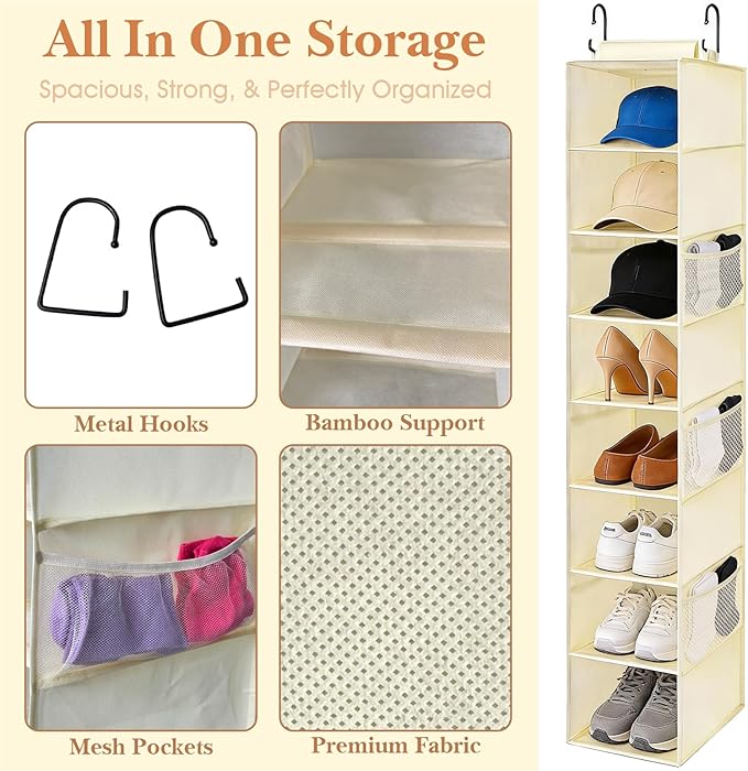 Hanging Shoe Organizer for Closet with 8 Shelves,Mesh Pockets-Wider Hanging Shelves for Shoes,Clothes,Hats With Sturdy Bamboo-Supported Design (Beige)