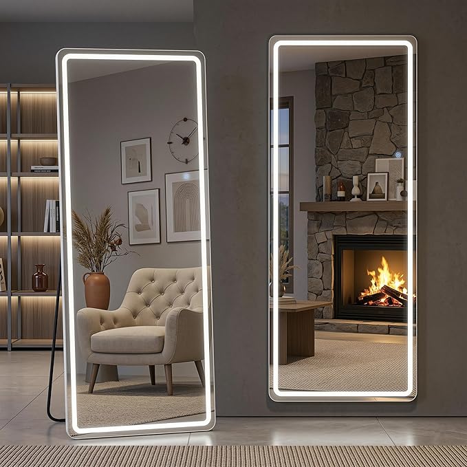 71"x32" Full Length Mirror with LED Lights, Dimmable Lighted Floor Mirror with 3 Color Lighting & Touch Control, Standing or Wall Mounted Full Body Mirror for Bedroom Dressing Room, White