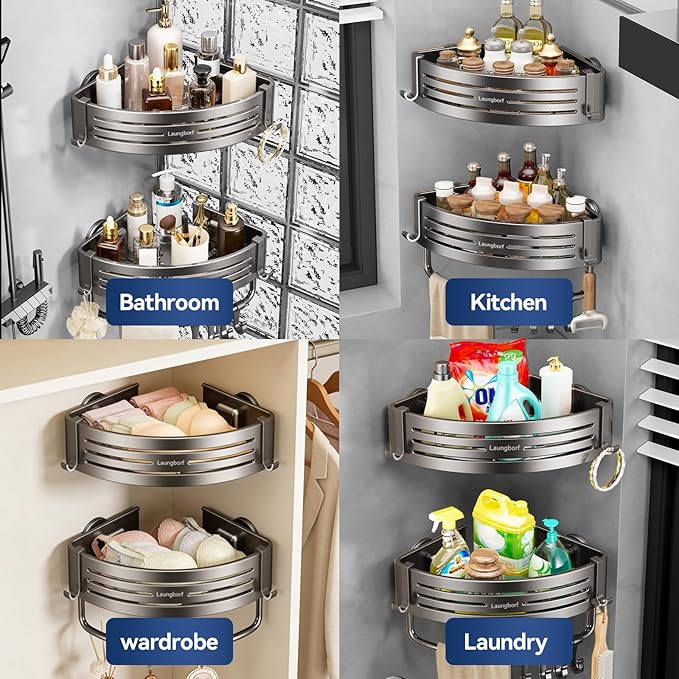 Corner Shower Caddy Suction Cup – Rustproof Aluminum Triangle Shelf with Hooks & Towel Bar, Laungborf No-Drill Wall Storage for Bathroom Kitchen Laundry (Matte Gray, 1 Pack)