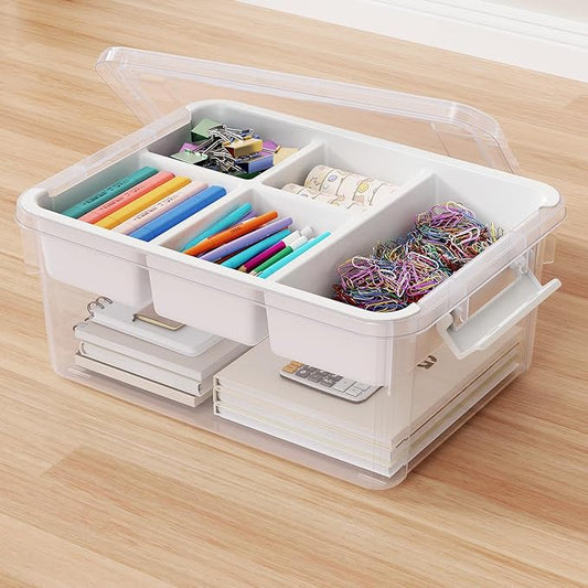 20Qt Stackable Storage Bin with Lid & Tray, Clear Plastic Latching Box Organizer with Divider Portable 5Gal Container for Arts & Crafts, Home and Car Trunk Organization, 1Pack