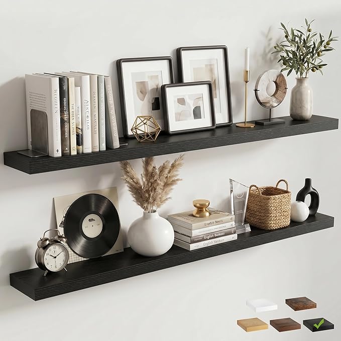 Venusmiles Floating Shelves for Wall, 55 Inch Floating Shelves Set of 2, 6.5" D Wooden Wall Mounted Display Shelves with Invisible Brackets for Living Room, Bedroom, Bathroom, Kitchen Decor, Black